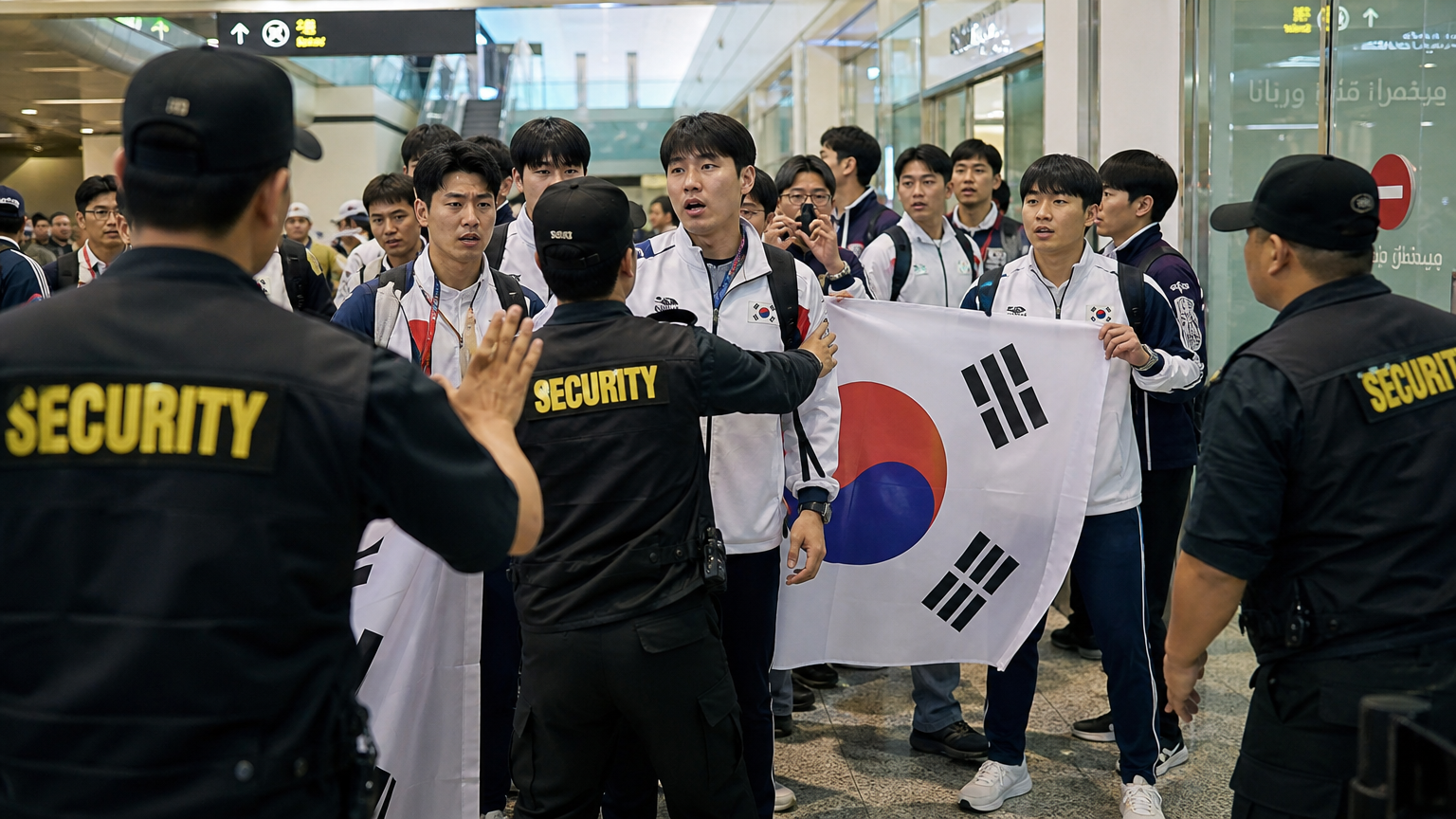 공항에서 대형 국기를 들고 입국하는 한국 선수들이 보안 요원에 의해 저지당하는 장면