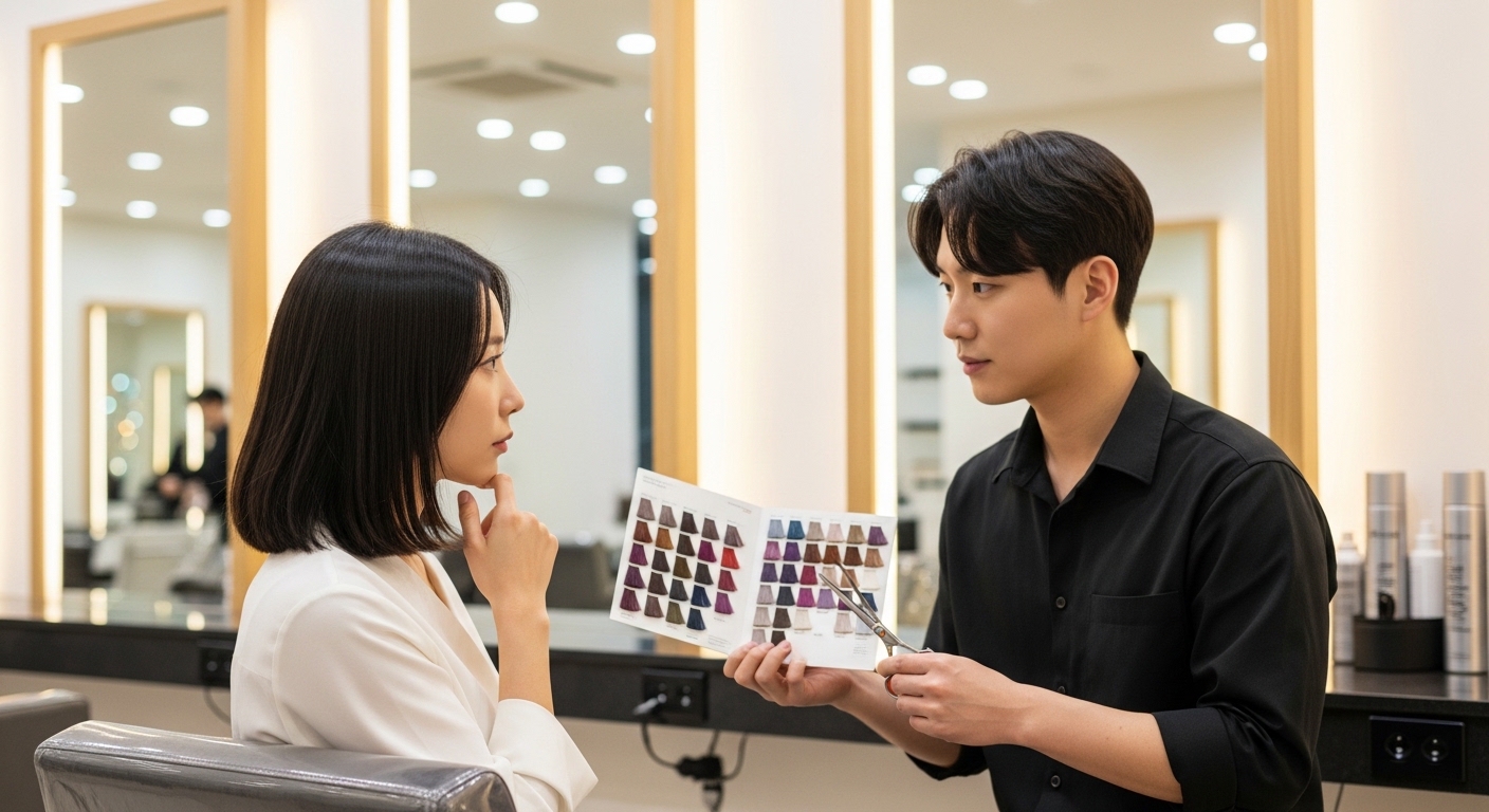 세련된 헤어샵에서 스타일리스트와 상담하는 여성의 모습