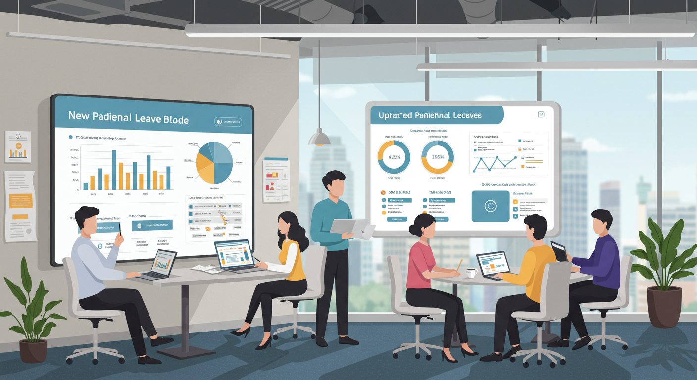 현대적인 사무실에서 다양한 직원들이 육아휴직 관련 새로운 정책을 토론하는 장면