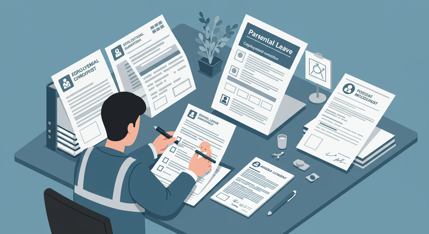 한국 근로자가 육아휴직 신청을 위한 체크리스트와 서류를 검토하는 모습