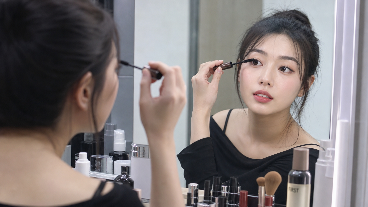 젊은 여성이 화장대 앞에서 메탈 마스카라를 바르며 깔끔하게 정돈된 속눈썹을 연출하는 모습