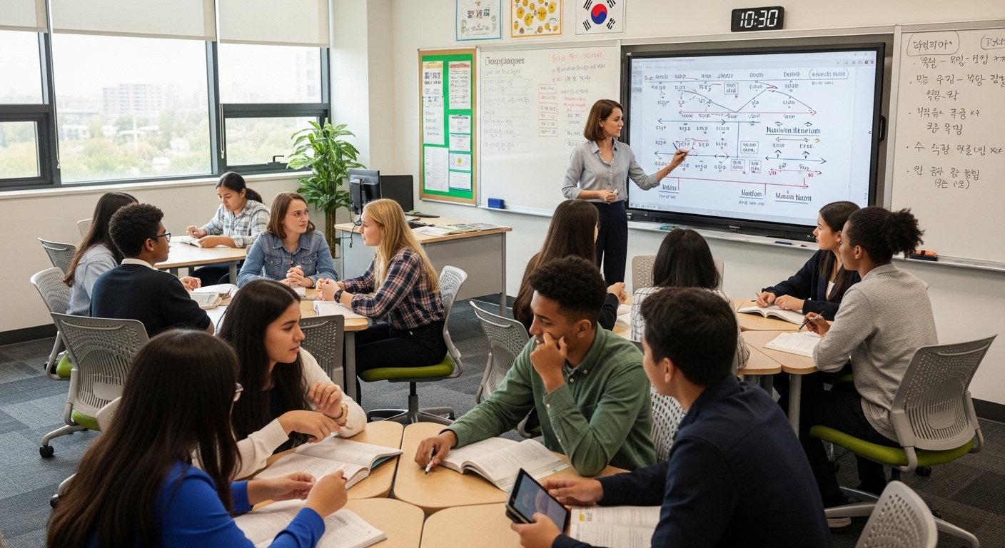 학생들이 언어 진화를 토론하는 현대적 교실에서 디지털 보드에 문법 변화를 설명하는 선생님의 모습