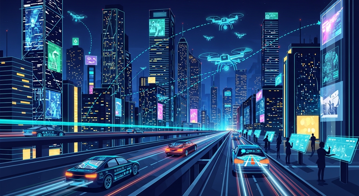 미래 도시 풍경에서 AI 기술이 일상에 영향을 미치는 모습