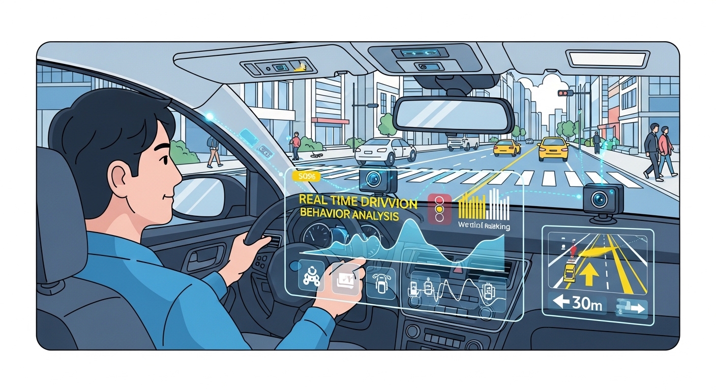도로에서 차량 내 카메라와 센서가 운전 행동을 분석하는 모습