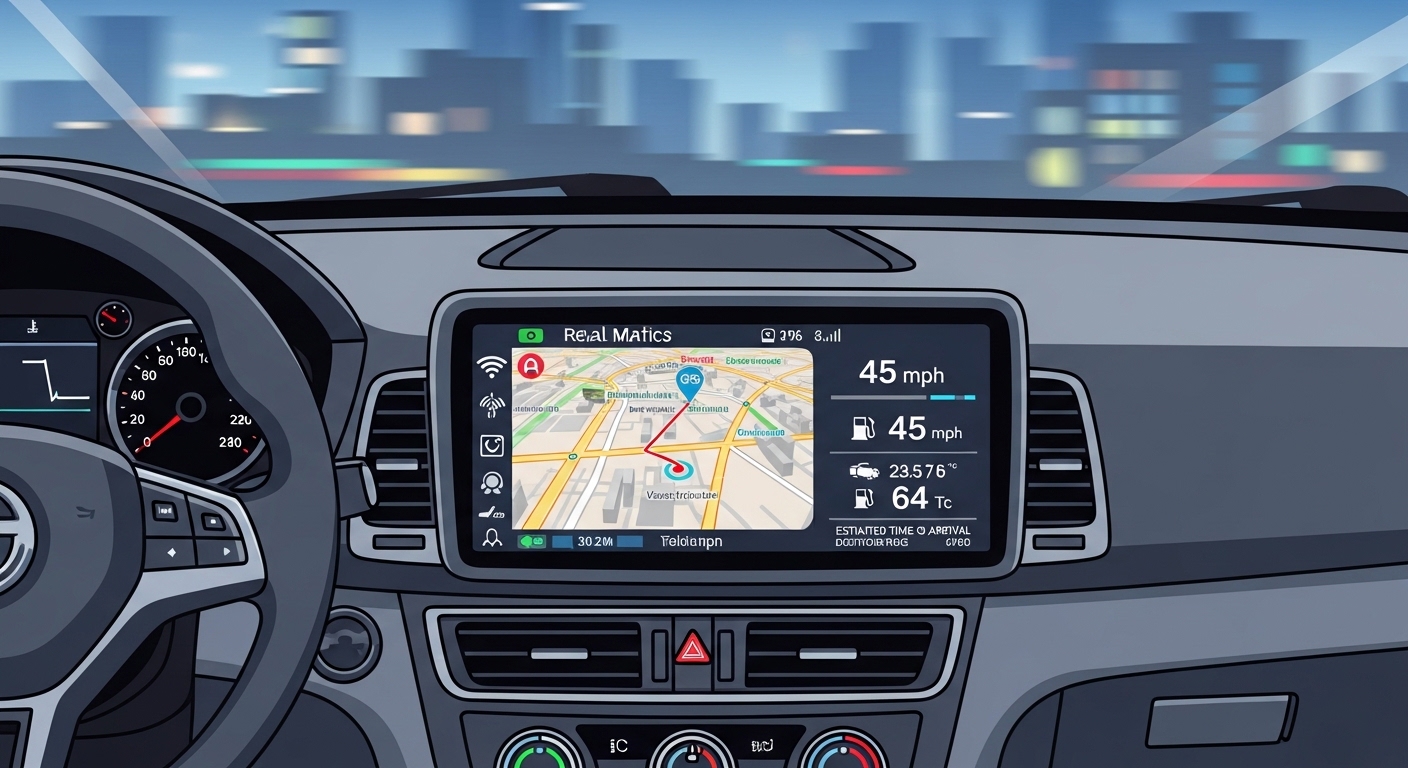 차량 대시보드에 실시간 텔레매틱스 데이터가 표시되는 모습