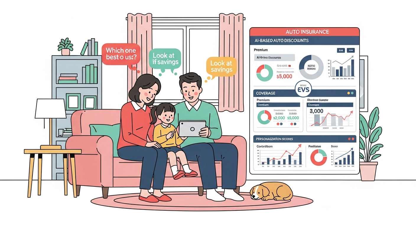 가정에서 다양한 AI 기반 자동차보험 상품을 비교하는 가족의 모습
