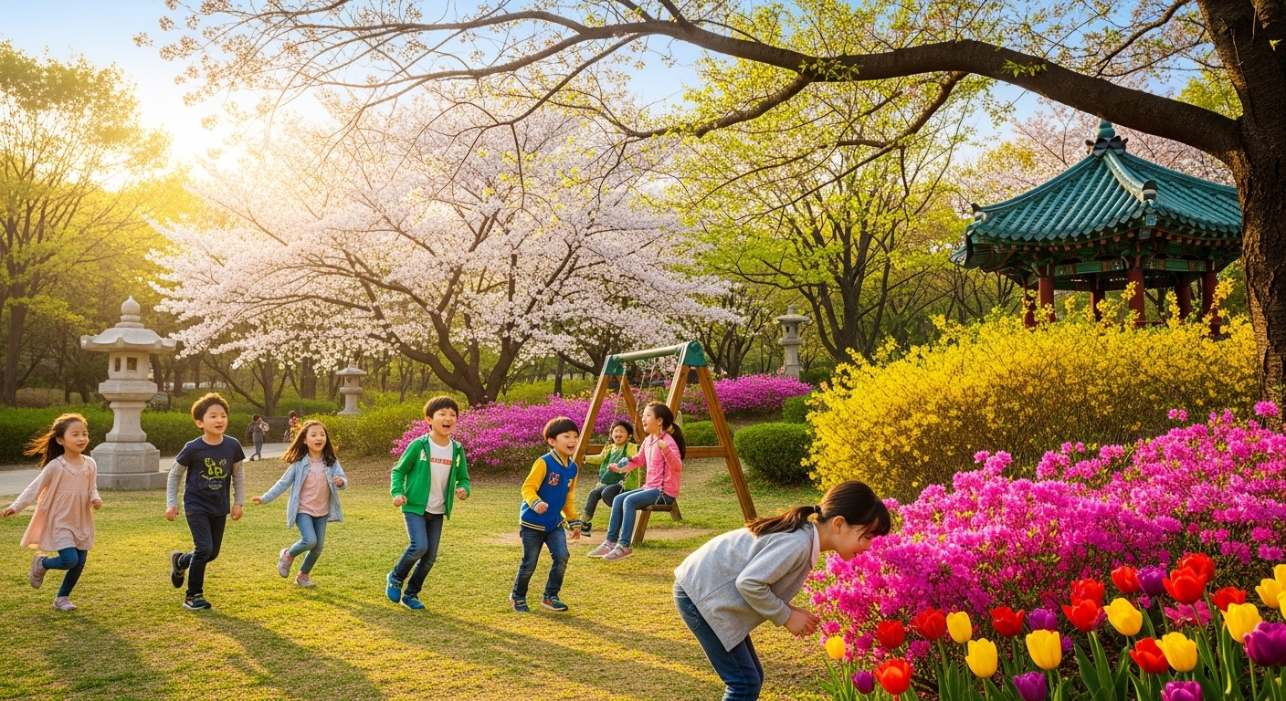 봄철 공원에서 꽃이 피어 있는 나무 사이로 따뜻한 햇살을 받으며 노는 아이들