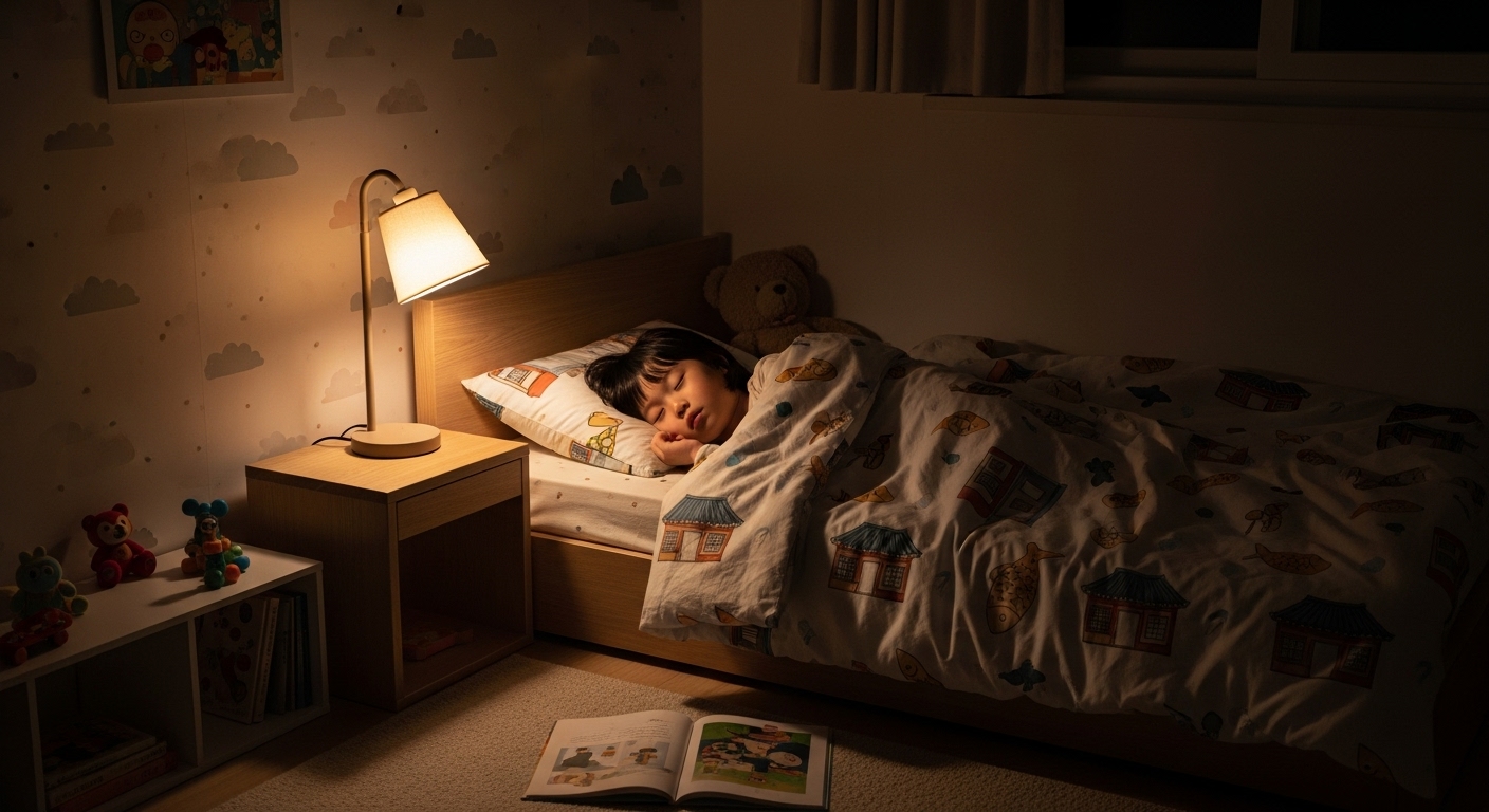 편안한 분위기의 한국 어린이 침실에서 조명이 부드럽게 비추고 있는 모습