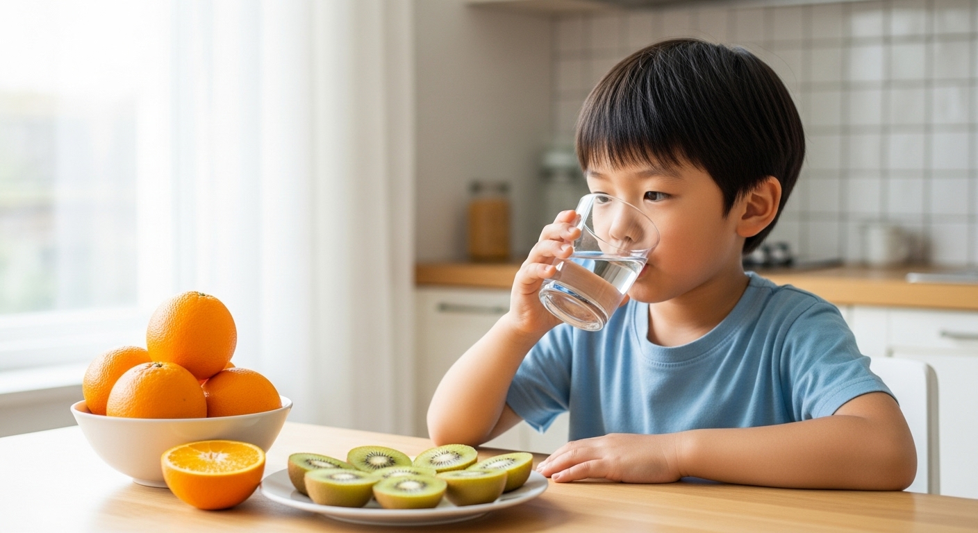 부엌 테이블에서 물을 마시는 소년과 주변에 놓인 과일들