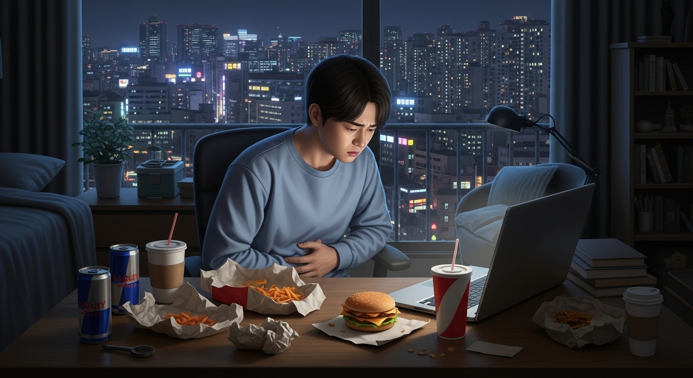 도시 아파트에서 밤늦게까지 일하며 패스트푸드를 소비하는 현대인의 생활 방식