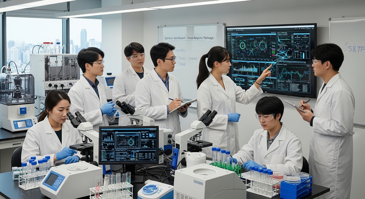 과학자들이 실험실에서 장내 미생물과 스트레스 반응 메커니즘을 분석하고 있는 모습