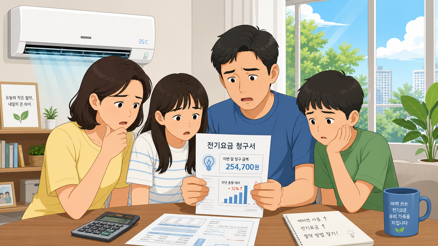 한국 가정에서 전기 요금을 확인하며 걱정하는 가족의 모습