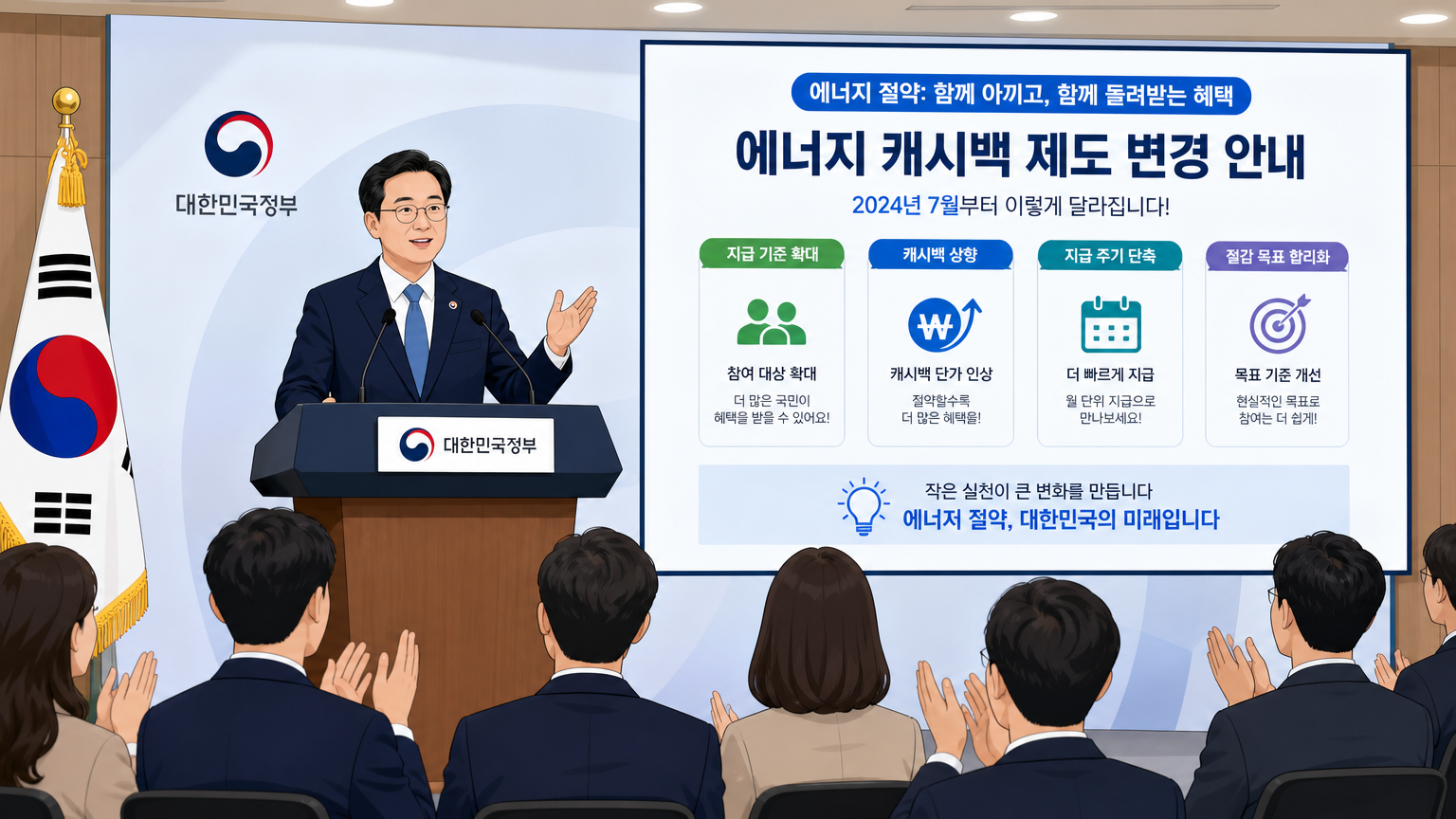 에너지 캐시백 변경 사항을 발표하는 정부 관계자와 박수치는 청중