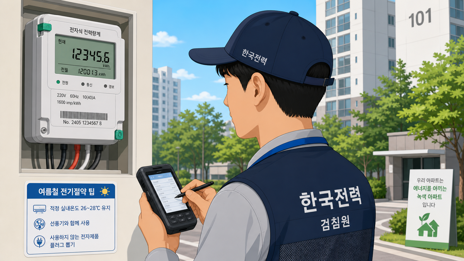 여름철 아파트 단지에서 전력량계를 확인하는 한국 기술자의 모습