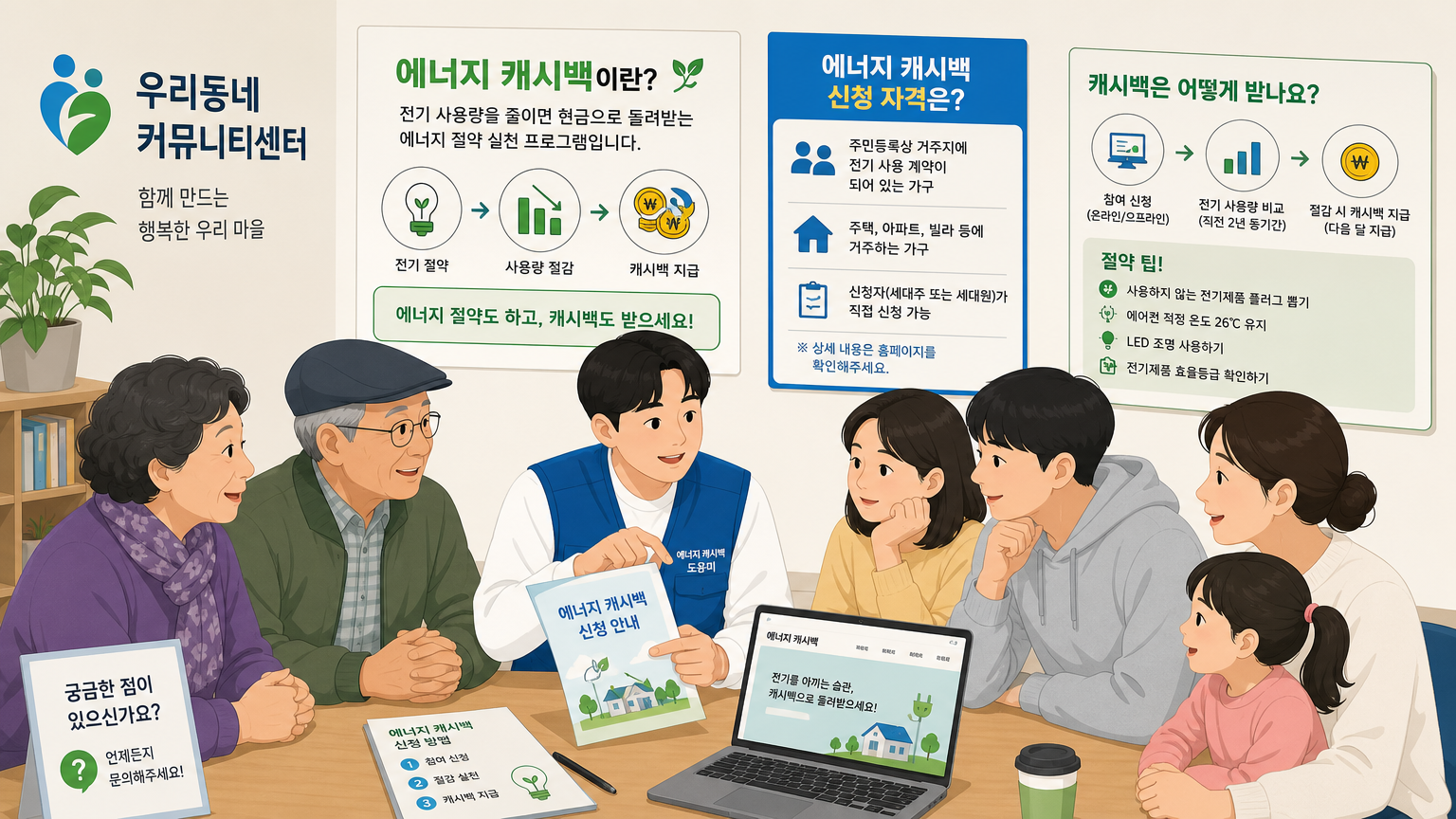 커뮤니티 센터에서 에너지 캐시백 자격에 대해 논의하는 다양한 사람들