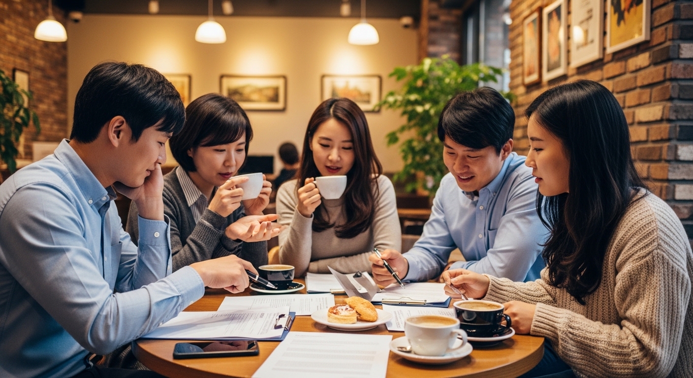 카페에서 보상 세부사항을 논의하며 안도하는 고객들