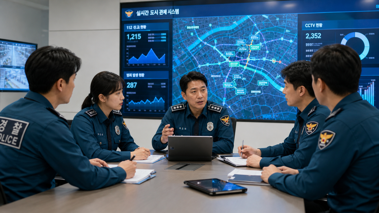 현대적 회의실에서 디지털 화면으로 도시 데이터를 보며 토론하는 경찰관들