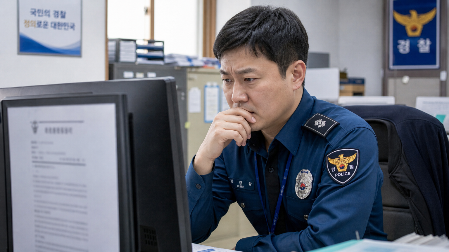 컴퓨터 화면에 흐릿한 기밀 문서를 보고 걱정스러워하는 경찰관