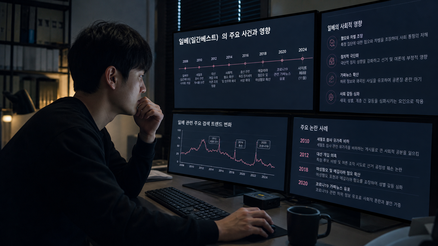 한국 남성이 어두운 방에서 컴퓨터를 사용하며 여러 화면에 일베의 영향을 시각화한 모습