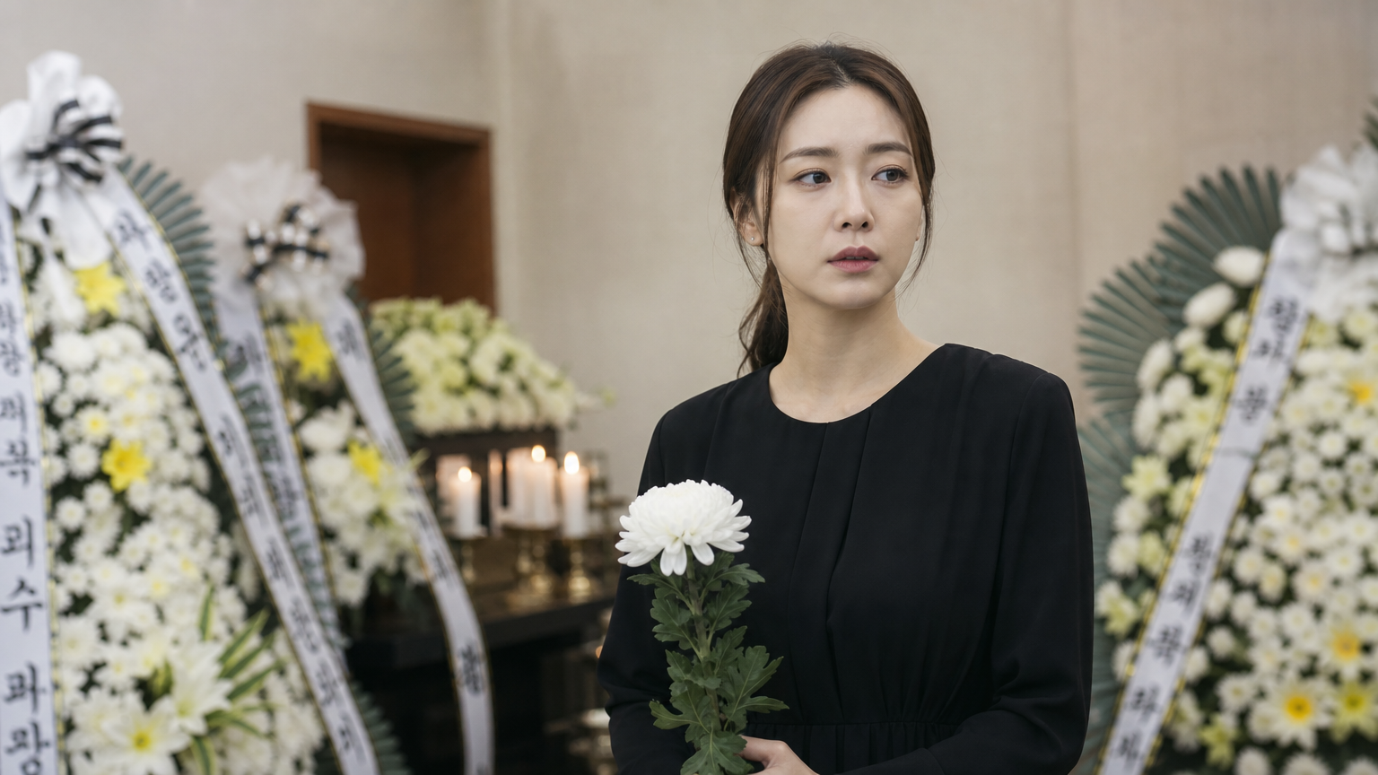 고인의 빈소에서 검정 옷을 입고 슬픔에 잠긴 여성이 꽃 화환 주변에 서 있는 모습