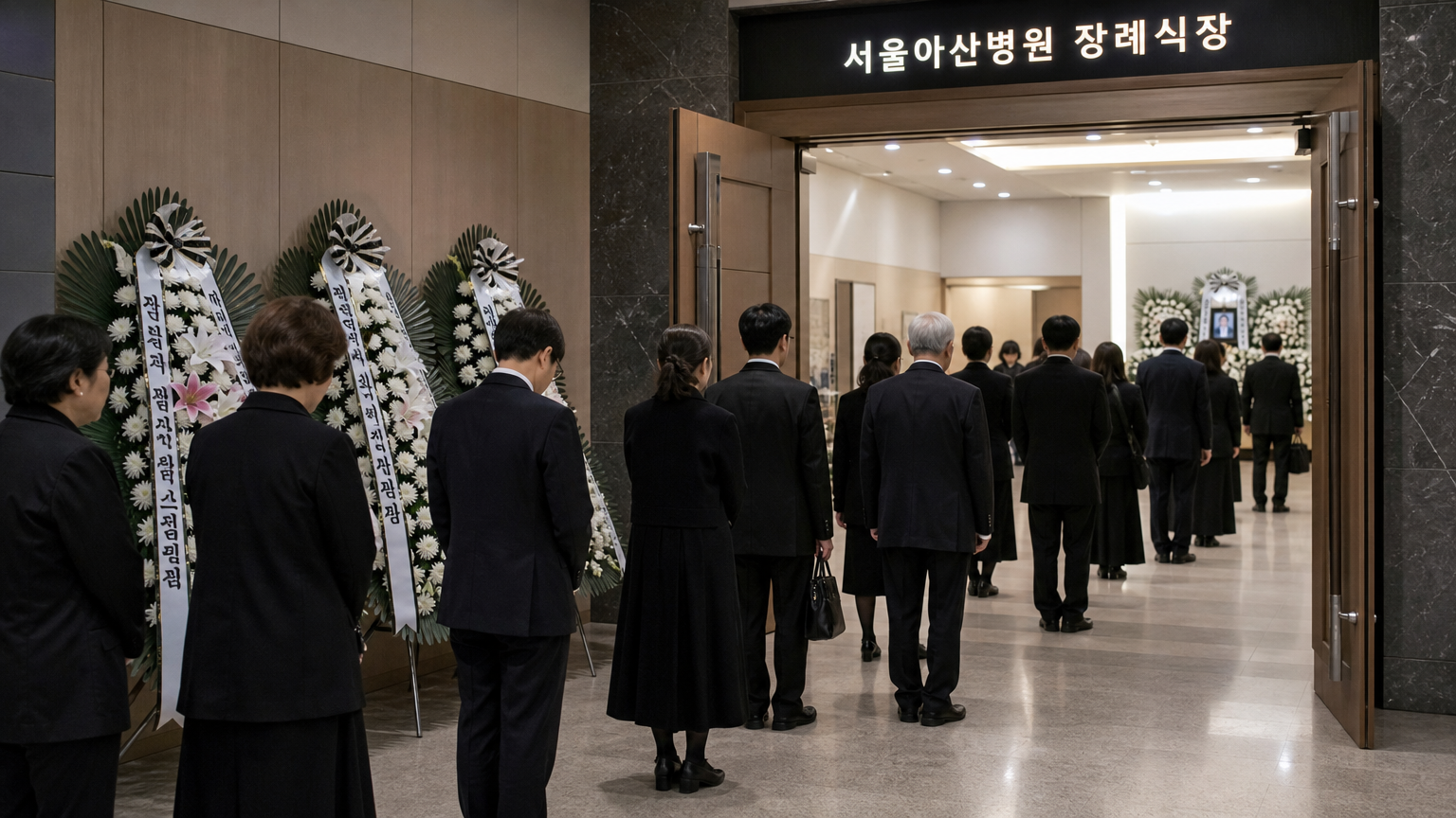 서울 병원 장례식장에서 조용히 줄지어 들어가는 조문객들