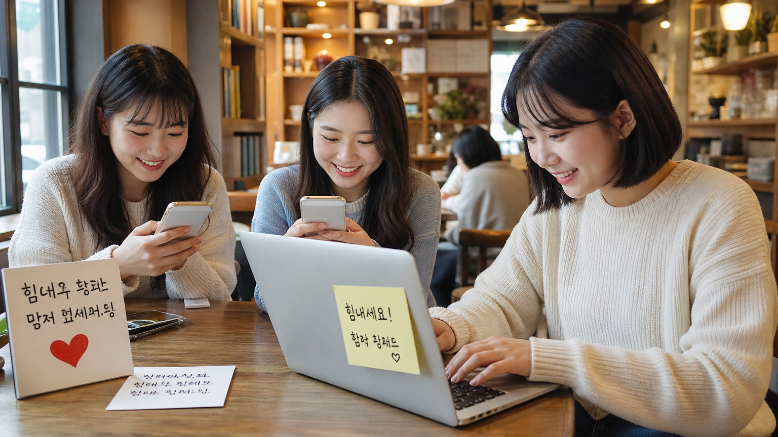 팬들이 카페 또는 집에서 스마트폰과 노트북으로 온라인 응원 메시지를 보내는 모습