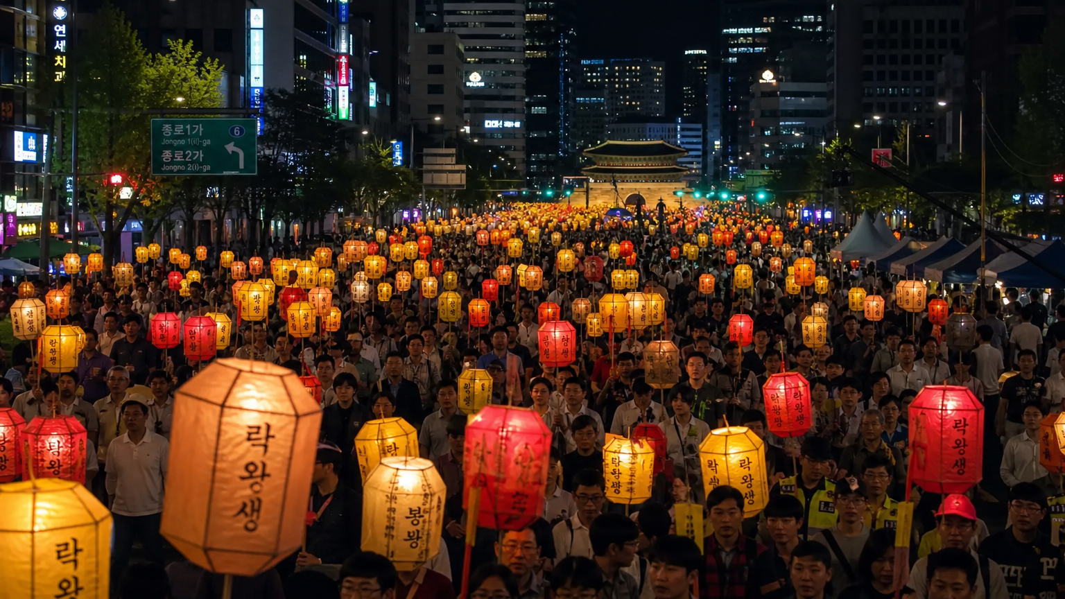 수천 개의 연등을 든 사람들이 서울 거리에서 행진하는 야간 퍼레이드 장면