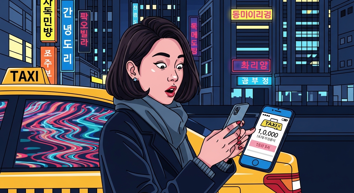 야간 도시 풍경 속에서 스마트폰으로 택시 요금을 확인하며 놀라는 여성의 모습