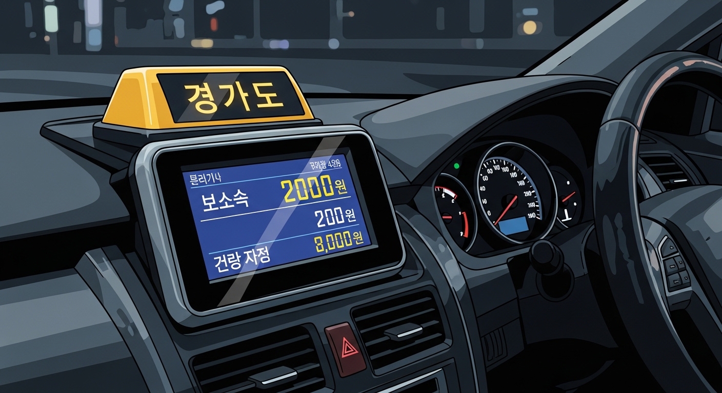 경기도 지역의 인상된 새로운 요금을 보여주는 현대적인 택시 미터기