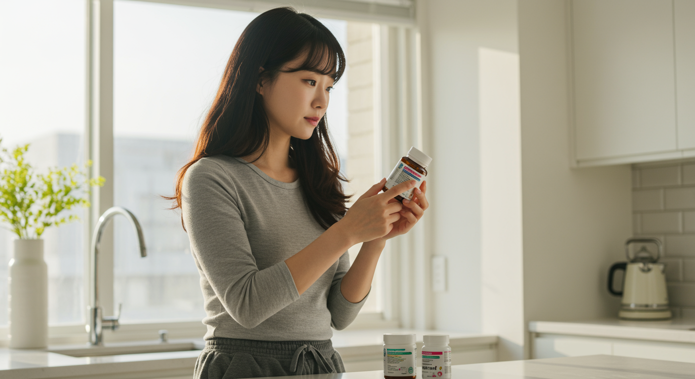 현대적인 주방에서 프로바이오틱스를 들고 있는 사람의 모습