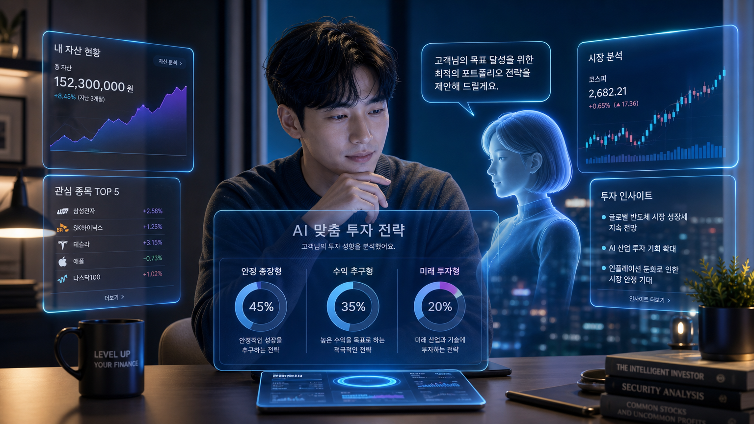 홀로그램 디스플레이를 활용하여 투자 전략을 계획하는 한국 투자자의 모습