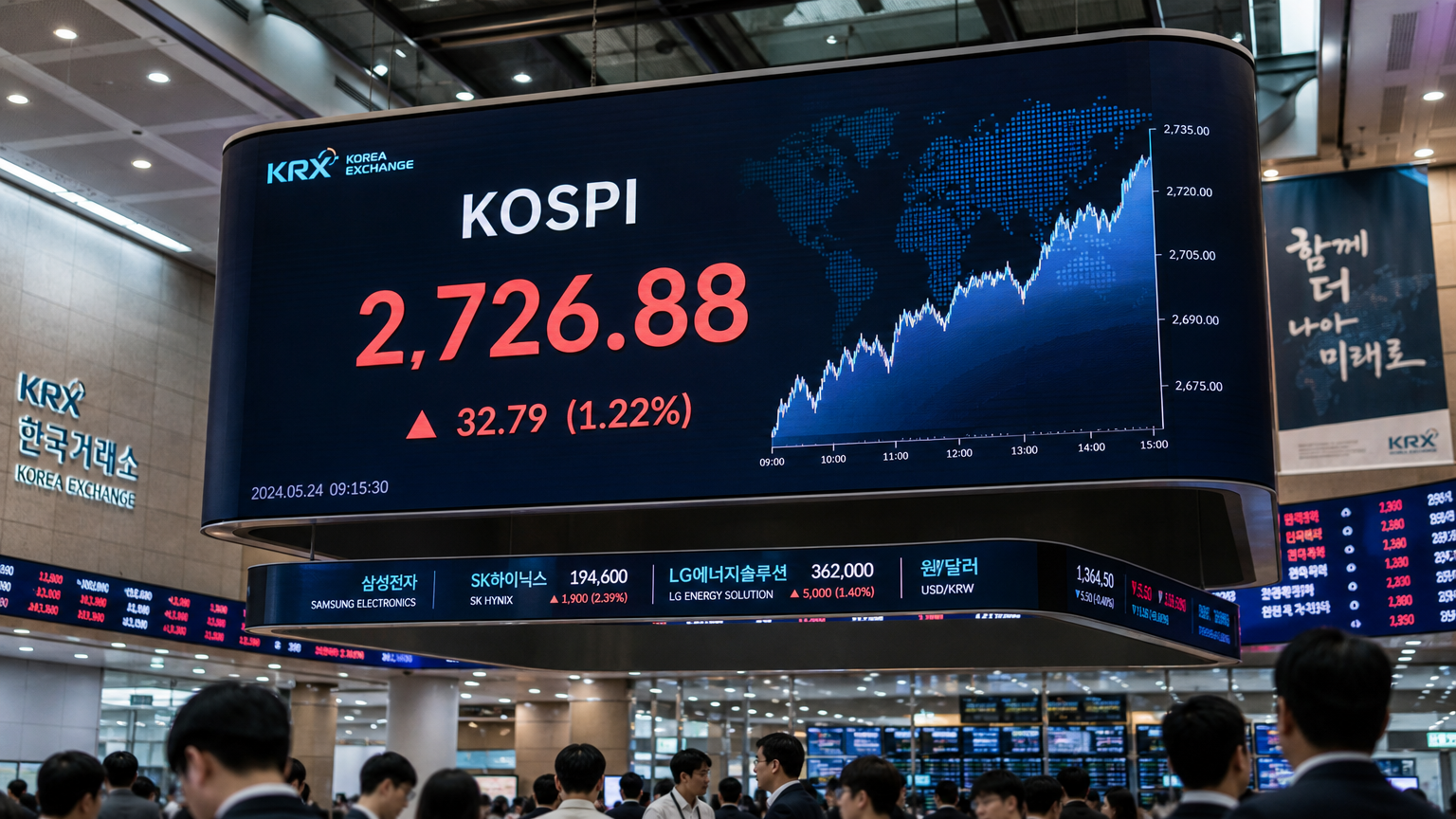 한국 거래소 홀에서 큰 전자 화면에 표시된 코스피 지수