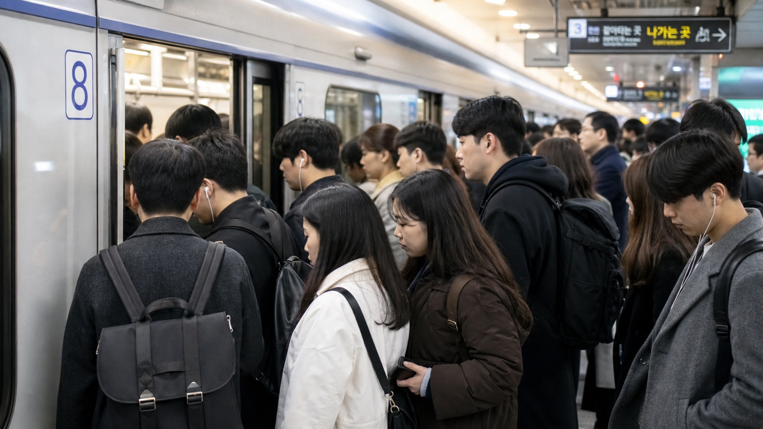 출근 시간에 지하철을 타는 젊은 성인들