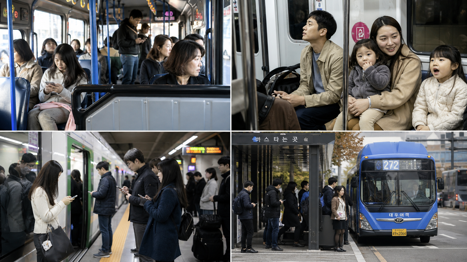다양한 사람들이 버스와 지하철을 이용하는 모습