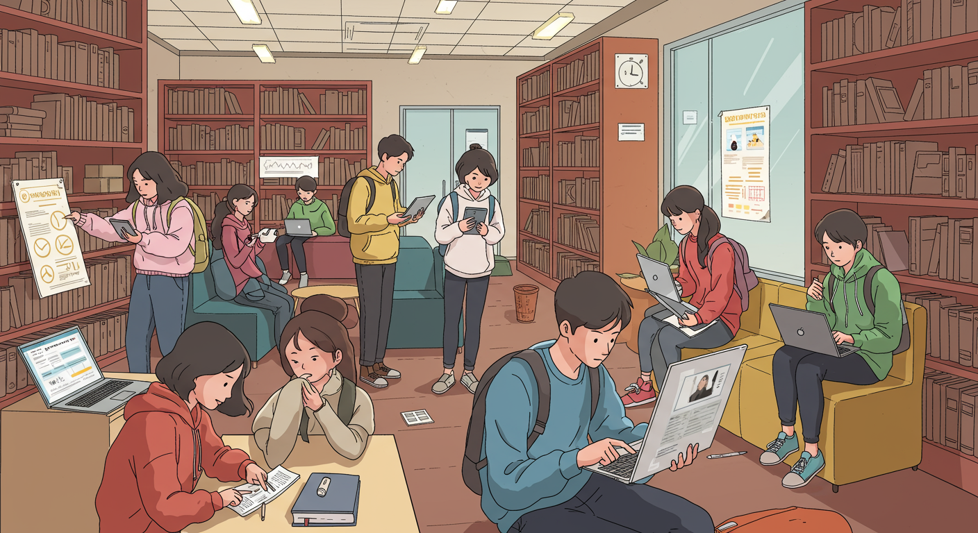 공공 도서관에서 디지털 기기로 지원 자격을 확인하는 다양한 한국 젊은이들