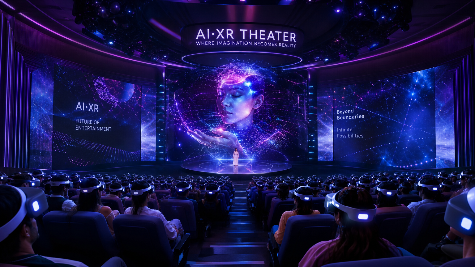 AI 및 XR 기술이 적용된 미래형 극장에서 VR 헤드셋 착용 관람객