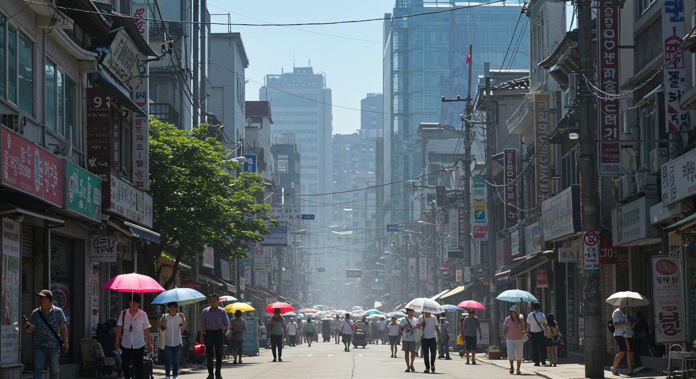 한국 도심에서 사람들이 우산으로 햇빛을 피하는 모습