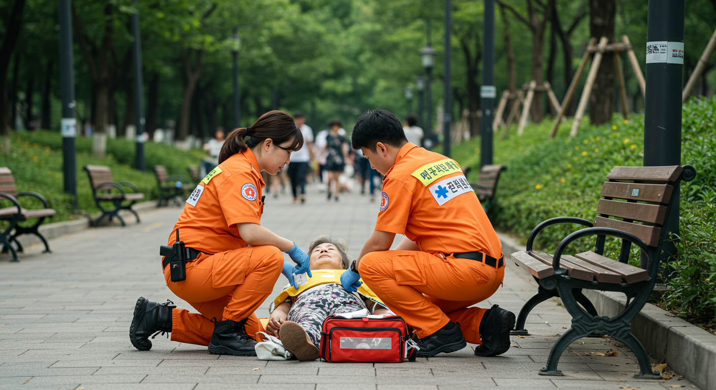공원에서 한국 긴급 구조대가 열사병 환자에게 응급처치를 하는 장면