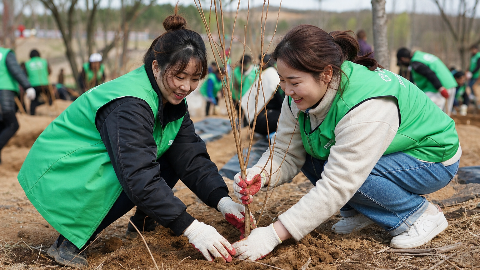 나무 심기와 음식 나눔 등 지역사회 봉사활동에 참여하고 있는 한국 여성들의 긍정적이고 영감을 주는 장면