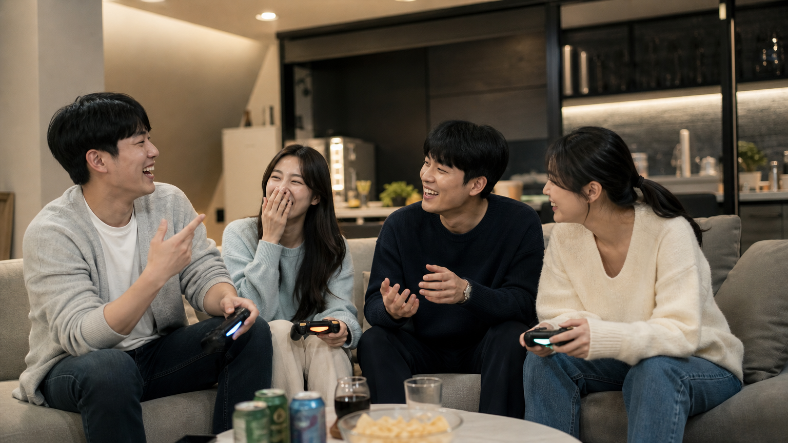 젊은 친구들이 모여 거실에서 웃고 이야기하며 게임을 즐기는 모습