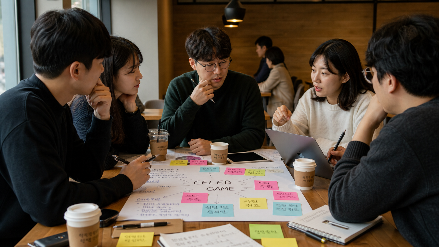 카페 테이블에서 독특한 테마를 고민하는 창의적인 장면