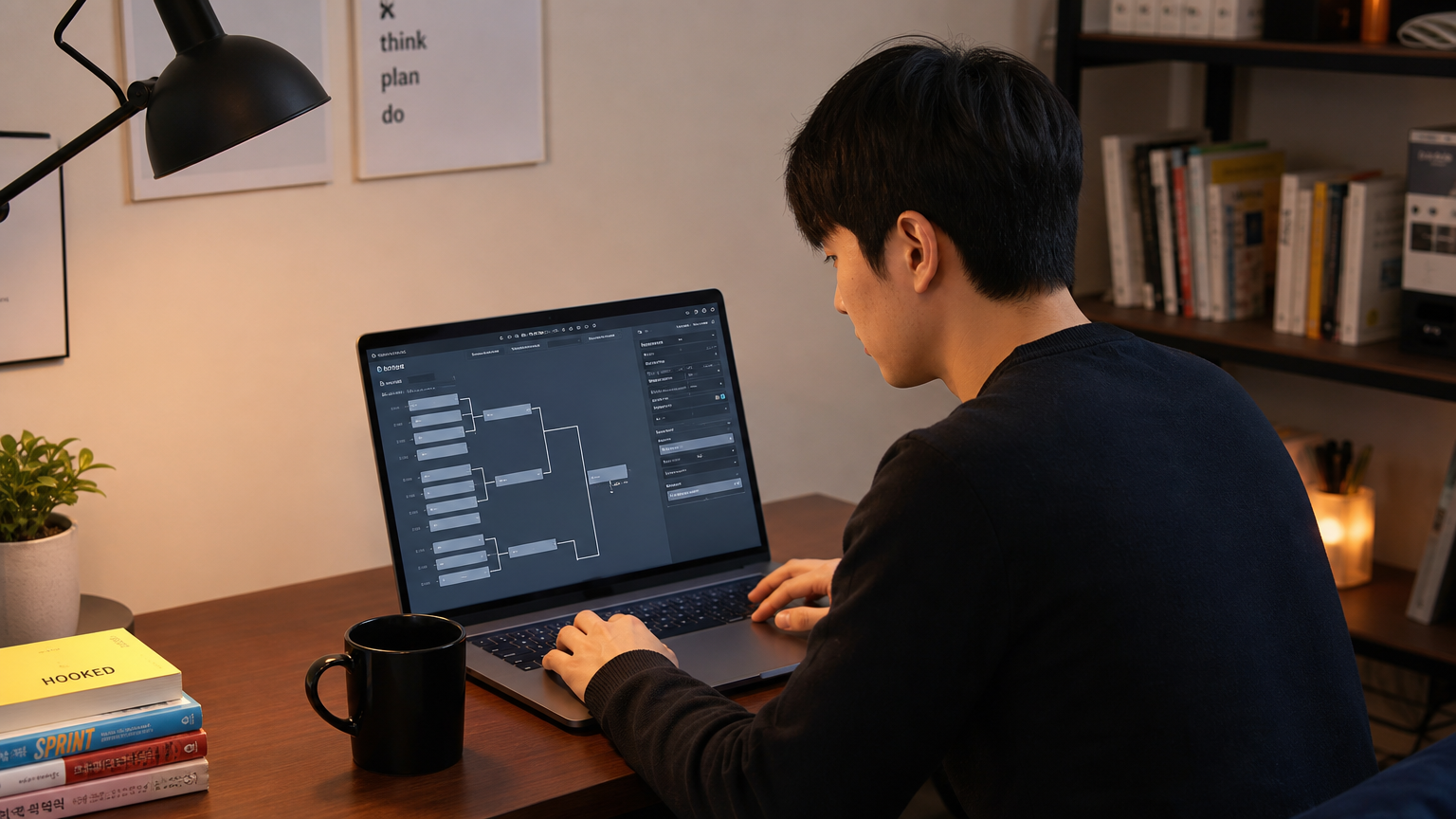 편안한 공간에서 노트북으로 온라인 토너먼트를 만드는 한국인의 모습
