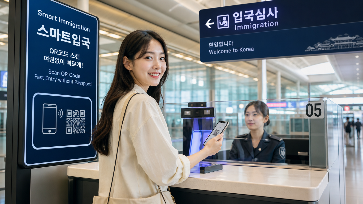 공항 입국 심사대에서 QR코드를 스캔하는 한국인 여행자