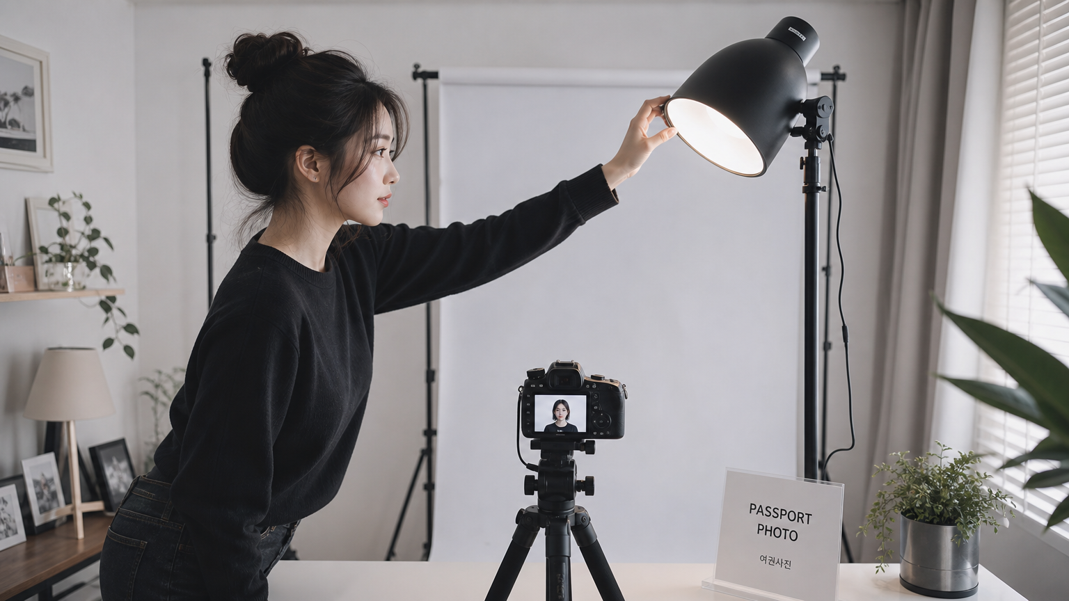 홈스튜디오에서 조명을 조정하며 여권사진을 찍는 모습