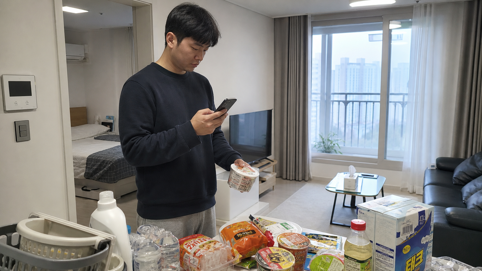젊은 남성이 스마트폰으로 가격을 확인하며 가전제품을 쇼핑하는 모습