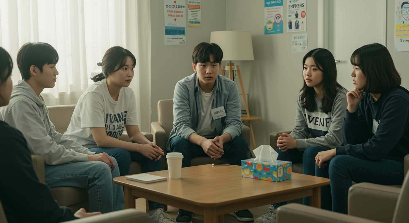 그룹 상담 세션에서 서로 경험을 나누고 지지하는 청소년들