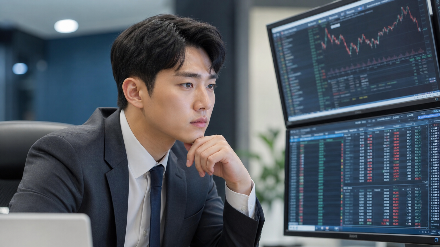 현대적인 한국 사무실에서 디지털 스크린으로 주가를 확인하는 직장인의 모습