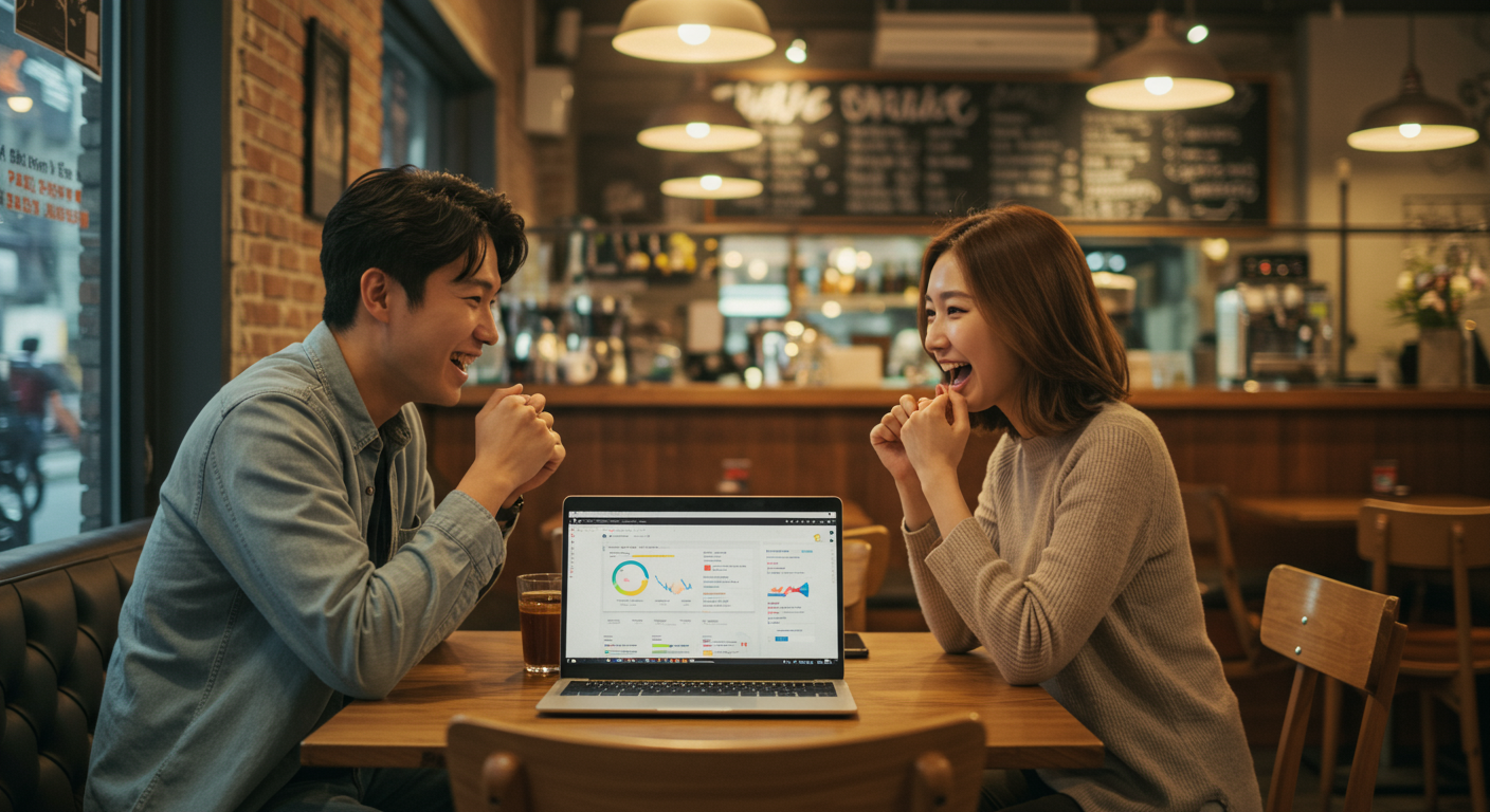 서울의 아늑한 카페에서 노트북을 보며 재정 계획을 이야기하는 젊은 커플
