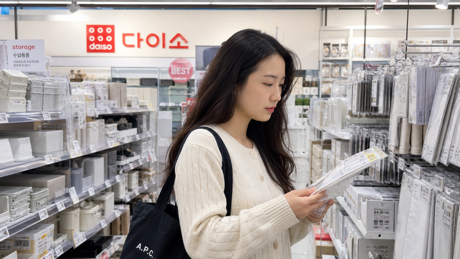 현대적인 쇼핑객이 다이소 매장에서 다양한 상품을 살펴보는 모습