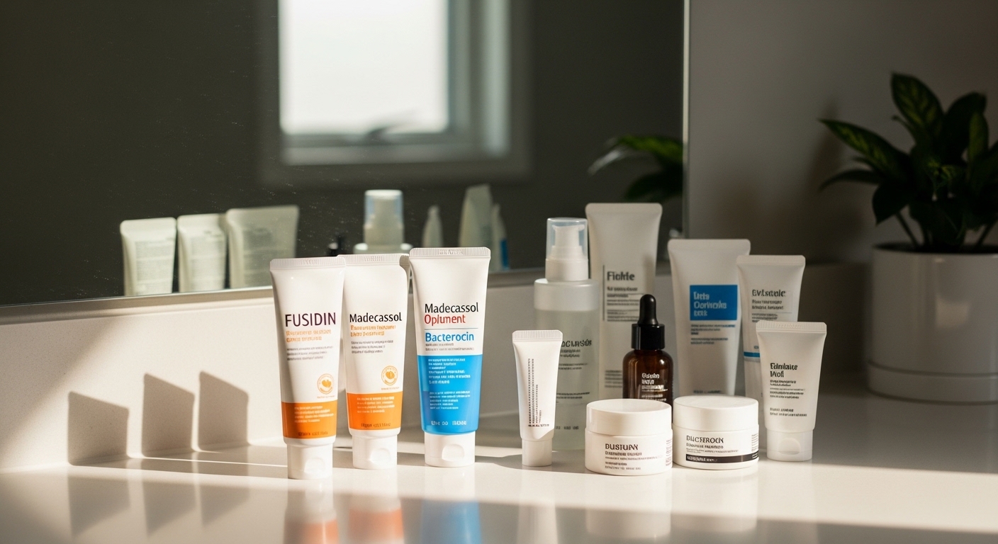 욕실 세면대 위에 놓인 다양한 한국 여드름 연고 제품들